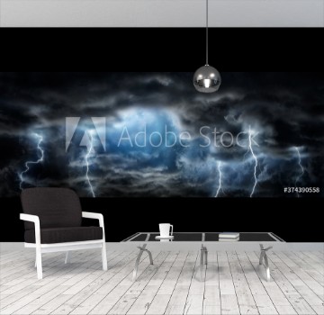 Picture of Sun rays clouds and sparkling lightning in the dark sky Thunderous dark sky with black clouds Concept on the theme of weather natural disasters storm thunderstorms lightning